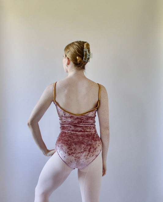 The Nikiya Leotard - Dusty Rose Crushed Velvet with Gold Trim