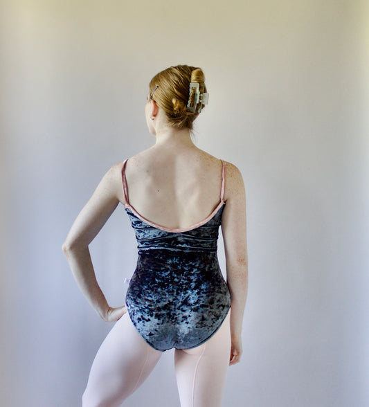 The Nikiya Leotard - Parrot Grey Crushed Velvet with Peach Trim