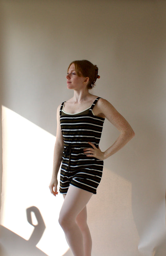 Ladies Dance Warmup Romper with Drawstring Tie – Olive Stripe