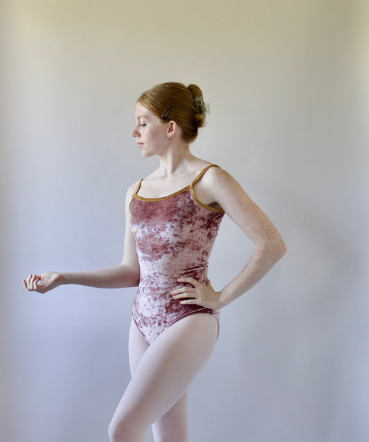 The Nikiya Leotard - Dusty Rose Crushed Velvet with Gold Trim