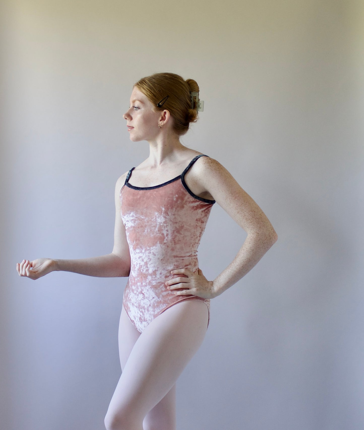 The Nikiya Leotard - Peach Crushed Velvet with Parrot Grey Trim