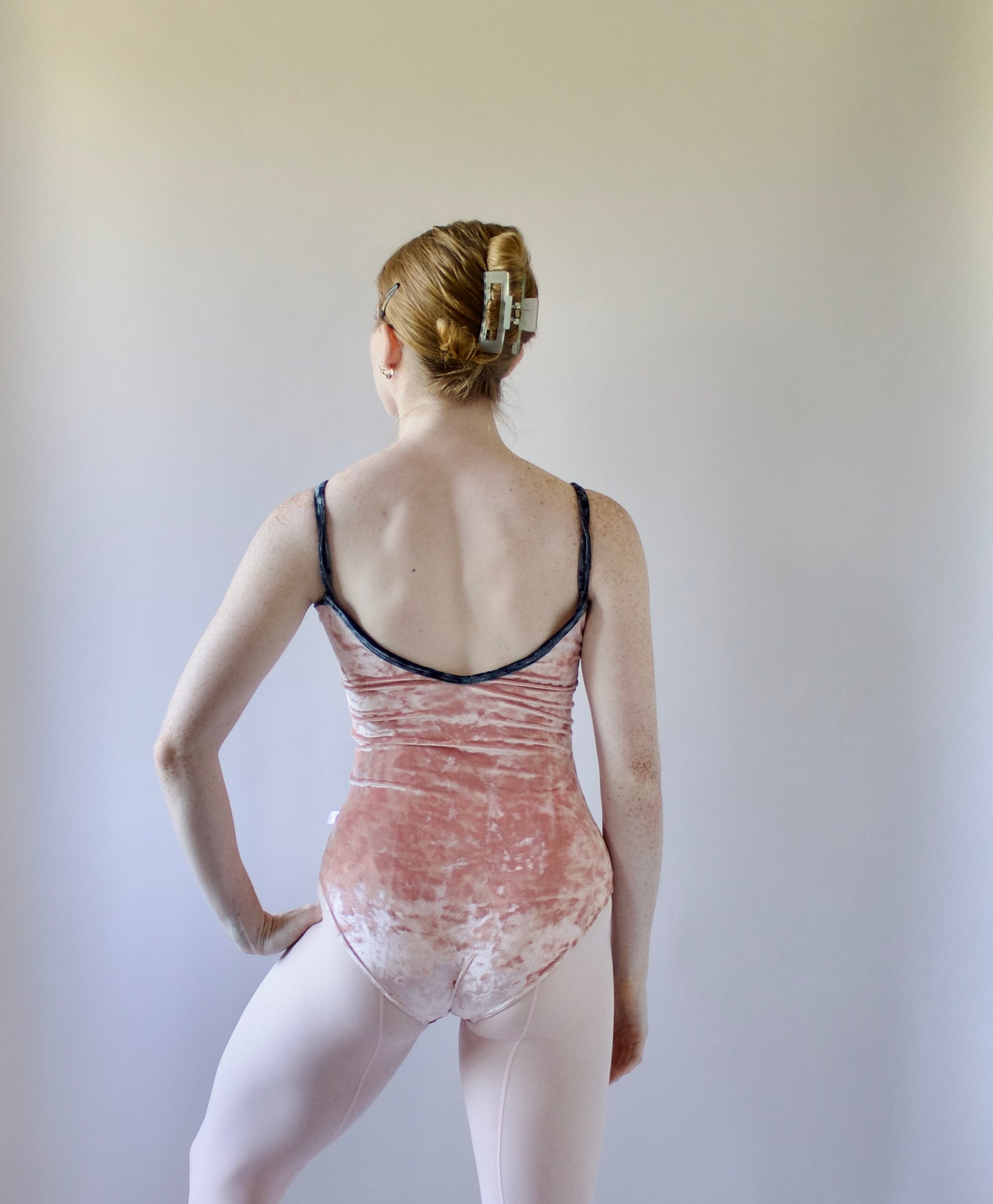 The Nikiya Leotard - Peach Crushed Velvet with Parrot Grey Trim