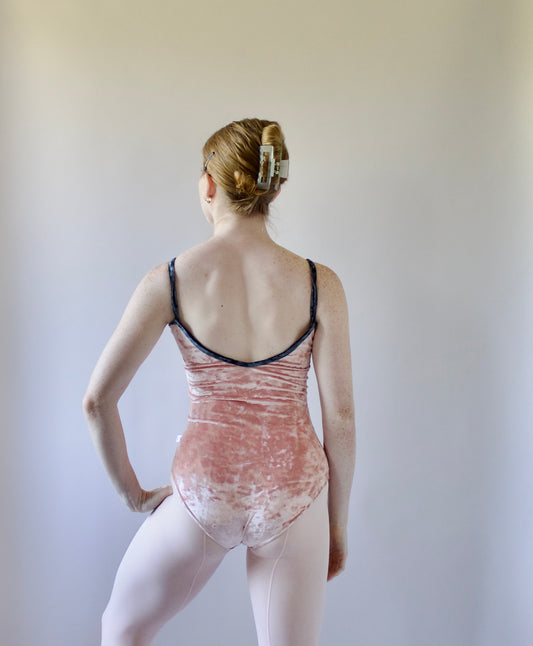 The Nikiya Leotard - Peach Crushed Velvet with Parrot Grey Trim