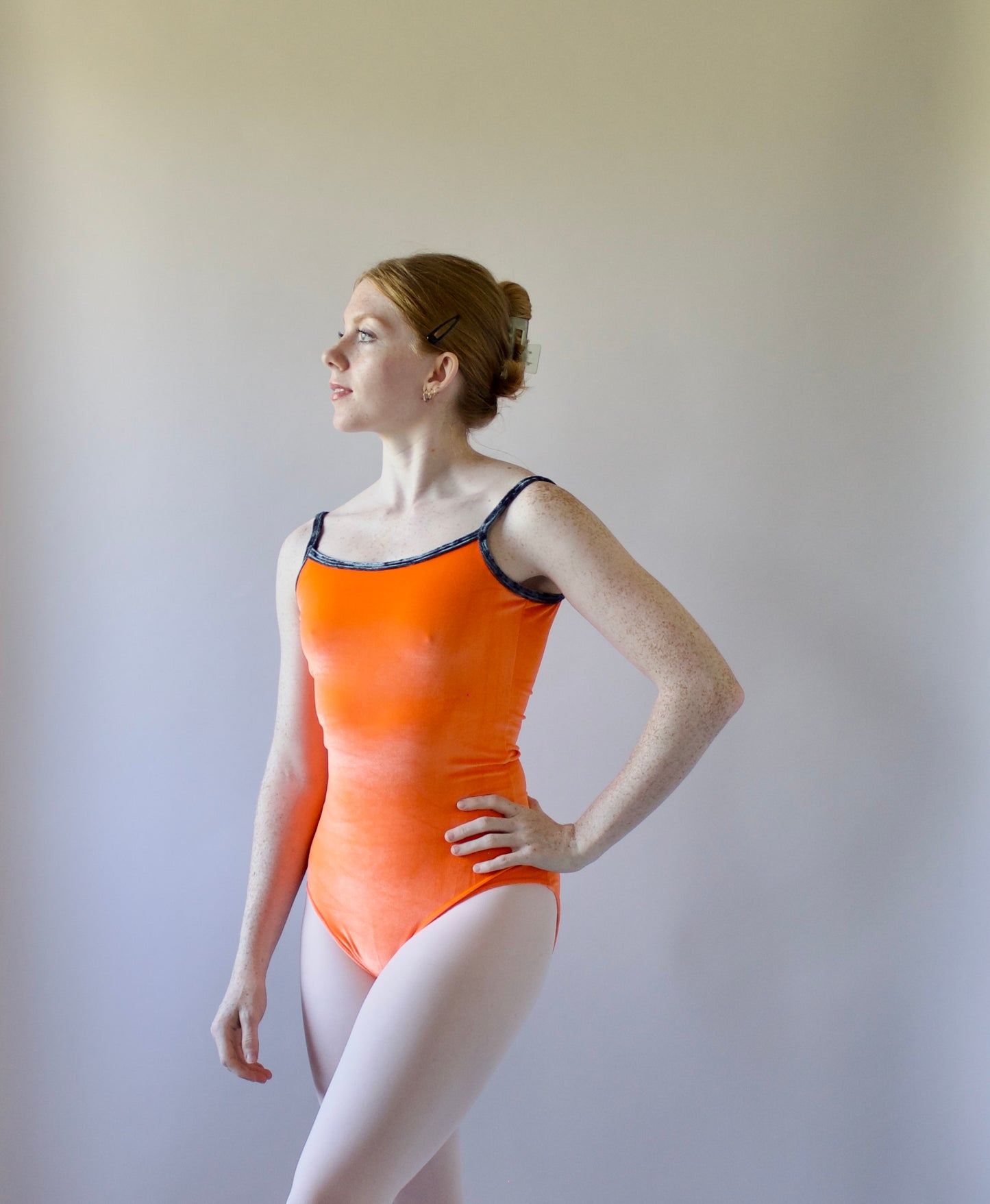 The Nikiya Leotard - Bright Orange Velvet with Parrot Grey Trim