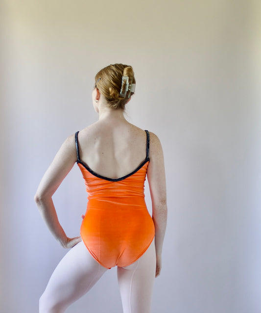 The Nikiya Leotard - Bright Orange Velvet with Parrot Grey Trim