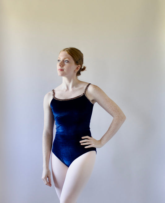 The Nikiya Leotard - Navy Velvet with Hazel Brown Trim