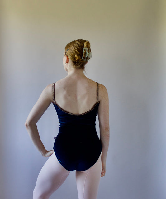 The Nikiya Leotard - Navy Velvet with Hazel Brown Trim