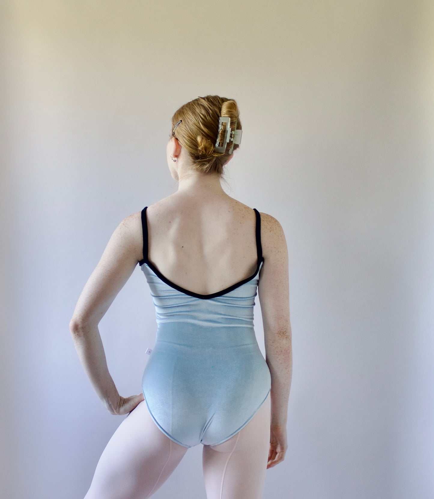 The Nikiya Leotard - Powder Blue Velvet with Navy Trim