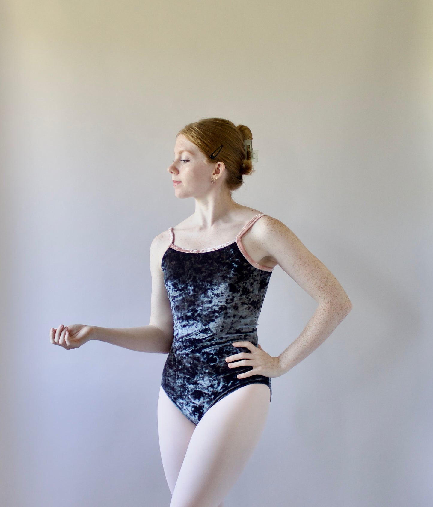 The Nikiya Leotard - Parrot Grey Crushed Velvet with Peach Trim