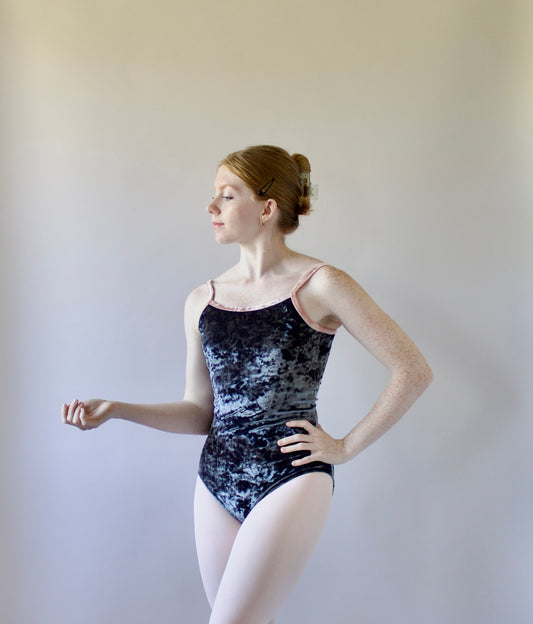 The Nikiya Leotard - Parrot Grey Crushed Velvet with Peach Trim