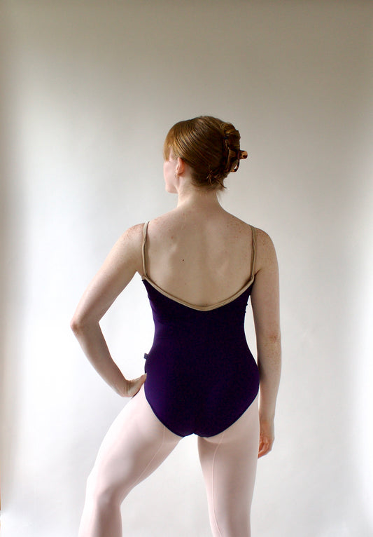 Ladies Florine Ballet Leotard – Aubergine with Champagne Velvet Trim