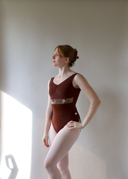 Ladies Titania Lycra Ballet Leotard – Chocolate Brown with Hazel Brown CV Stripe