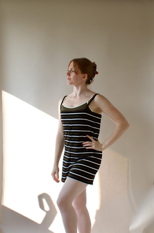 Ladies Dance Warmup Romper  – Olive Stripe