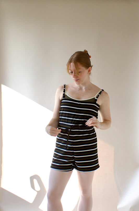 Ladies Dance Warmup Romper with Drawstring Tie – Olive Stripe