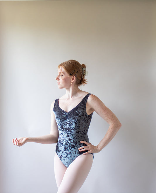 The Titania Leotard - Parrot Grey Crushed Velvet