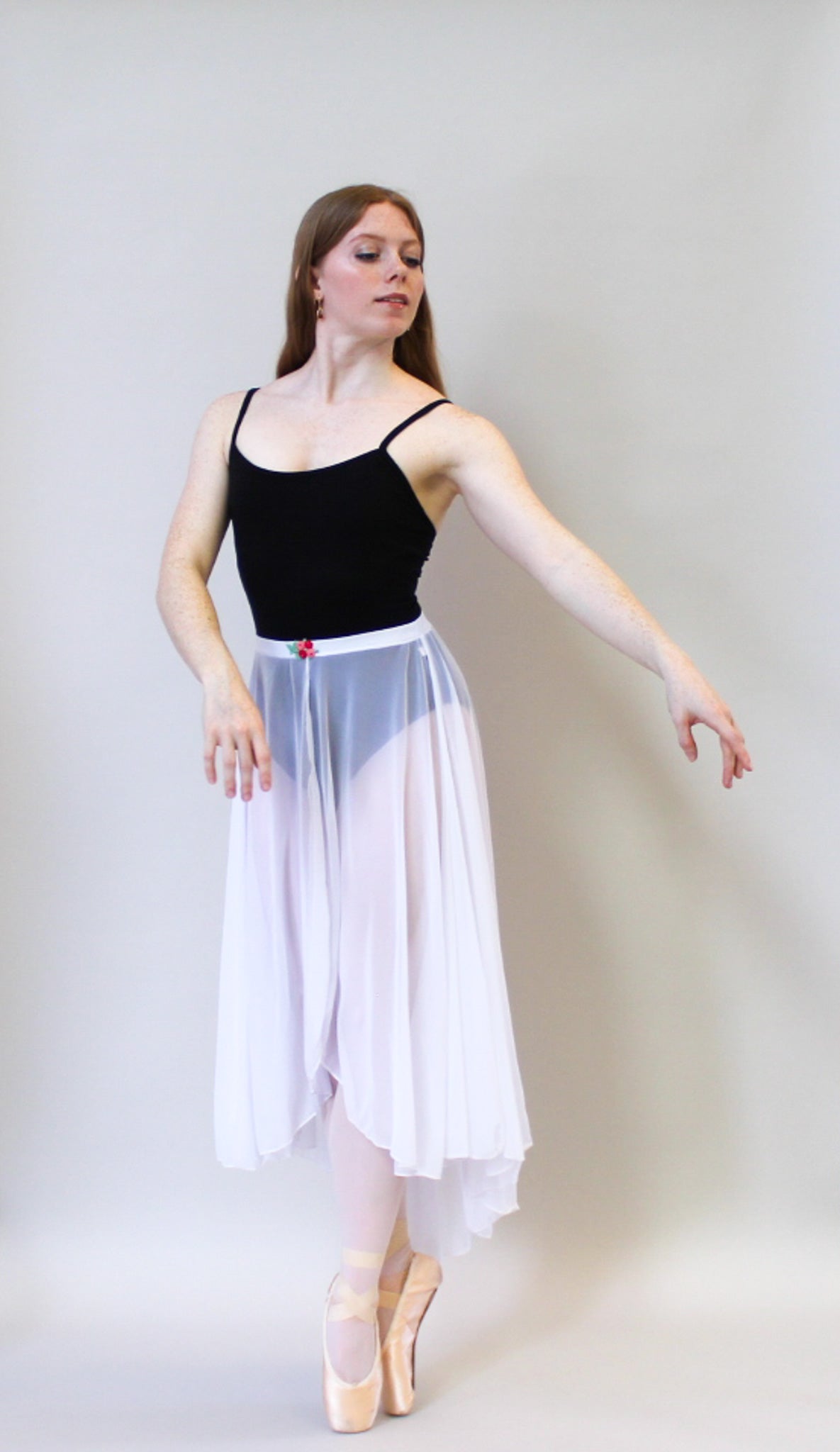 Ladies Aurora Mesh Ballet Skirt – White with Floral Appliqué
