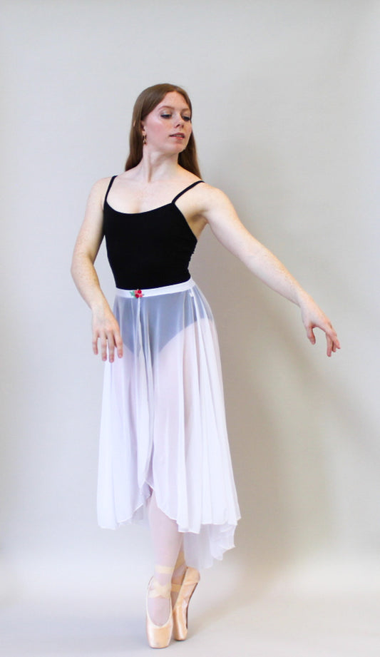 Ladies Aurora Mesh Ballet Skirt – White with Floral Appliqué